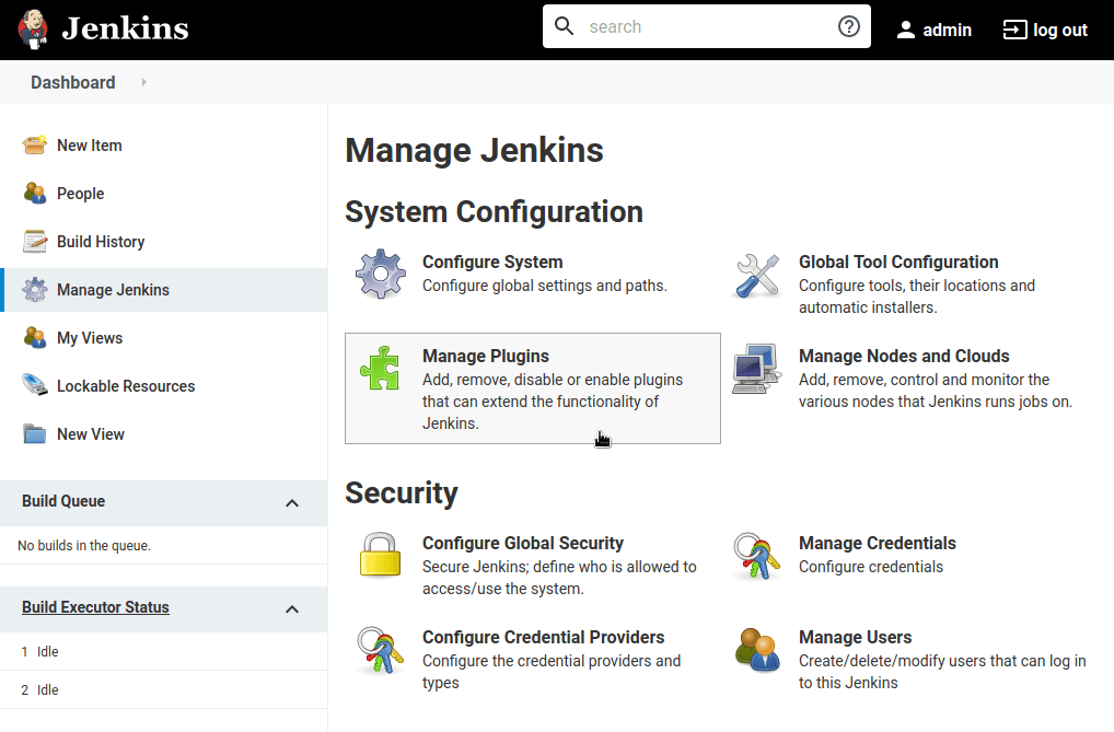 Select Manage Jenkins option in the Jenkins configuration dashboard