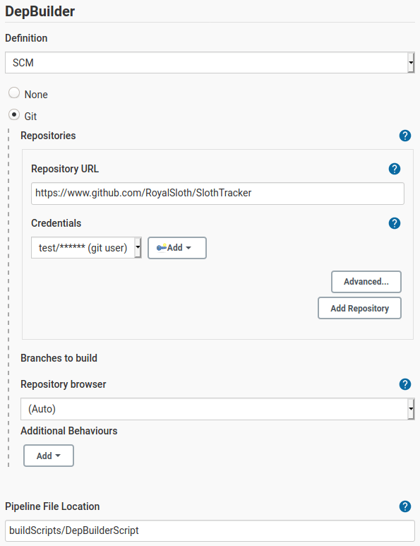 Selecting the SCM option from the pipeline definition combobox allows you to download the DepBuilder build pipeline script via your favorite source control management tool.