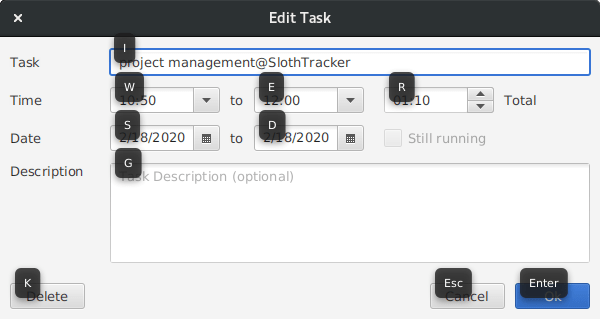 Keyboard shortcuts on SlothTracker's edit task dialog
